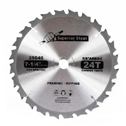 Superior Steel 25040 7-1/4-Inch 24-Tooth Carbide Tipped, 5/8-Inch Arbor Framing Saw Blade with Diamond Knockout for Skil Saw – Replaces 75724W Irwin 14030 / 24030 / Freud D0724A / Dewalt DW3578B3